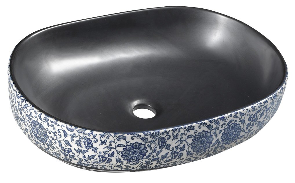 PRIORI keramické umyvadlo na desku, 60x40 cm, černá s modrým vzorem PI026