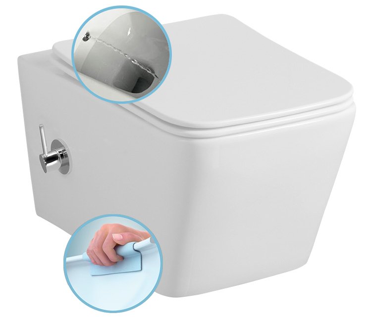 PORTO závěsná WC mísa Rimless, integrovaná baterie a bidet. sprška, 36x52 cm, bílá PZ102RX