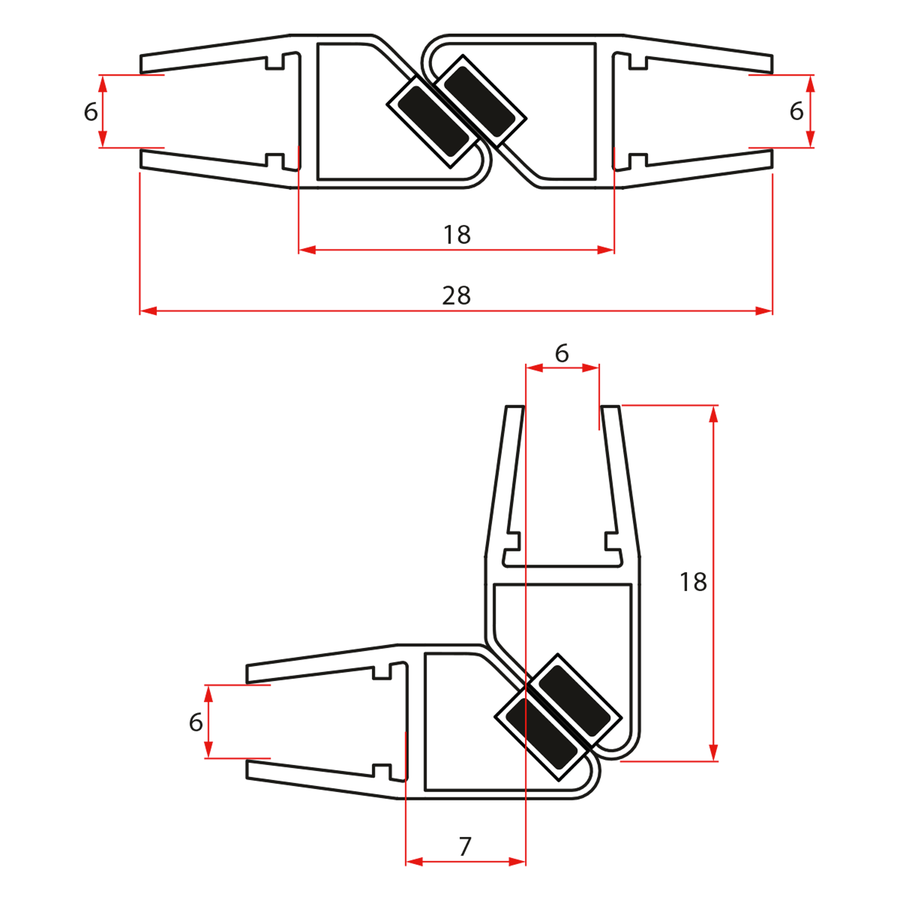 Set magnetických těsnění 45°pro sklo 6/6mm, 1900mm NDGS09