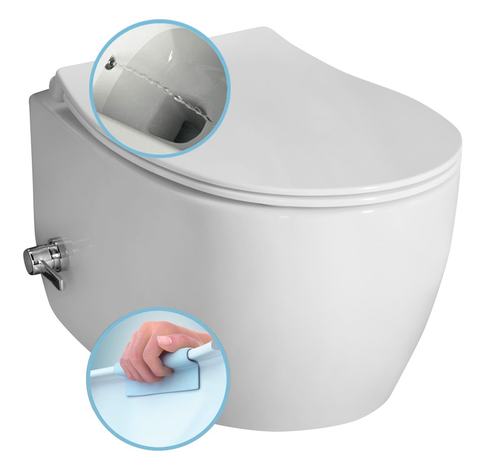 SENTIMENTI CLEANWASH závěsná WC mísa, Rimless, integrovaný ventil a bidet. sprška, 36x51cm, bílá 10ARS1010
