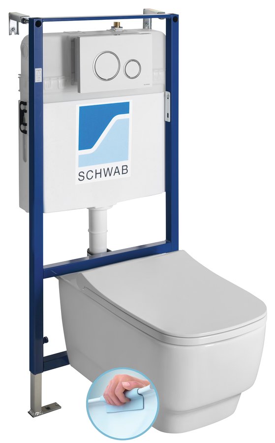 Závěsné WC BELLO Rimless s podomítkovou nádržkou a tlačítkem Schwab, bílá 100214-SET5