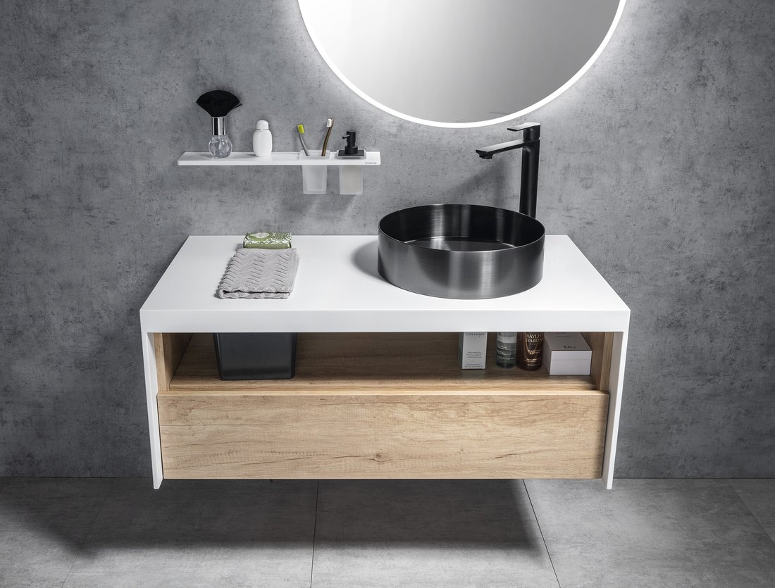 ABELINE police, sklenka + dávkovač/černá, 600mm, rockstone, bílá mat AE602-0101-03
