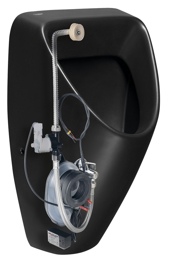 SCHWARN urinál s automatickým splachovačem 6V DC, zadní přívod, zadní odpad, černá matná 201.722.6