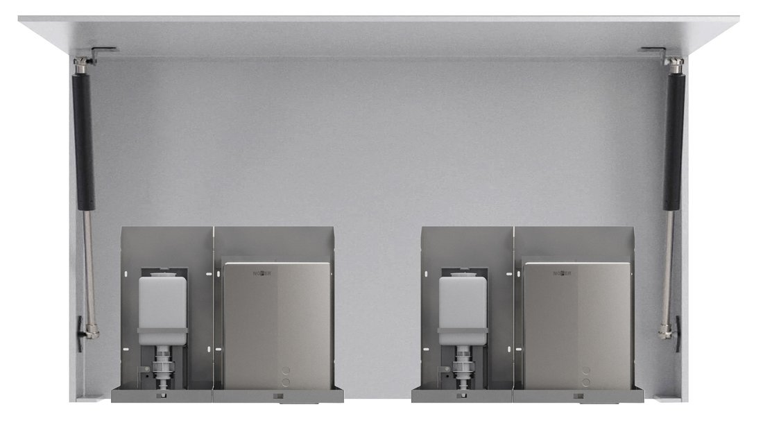 BASIC zrcadlová skříňka 1200 mm se dvěmi automatickými dávkovači mýdla a se dvěmi senzorovými osoušeči rukou