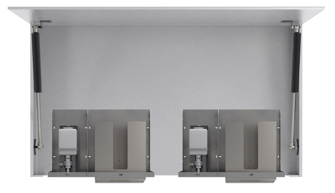 ESSENTIA zrcadlová skříňka 1200 mm se dvěmi automatickými dávkovačemi mýdla a se dvěmi zásobníkami na papírové ručníky