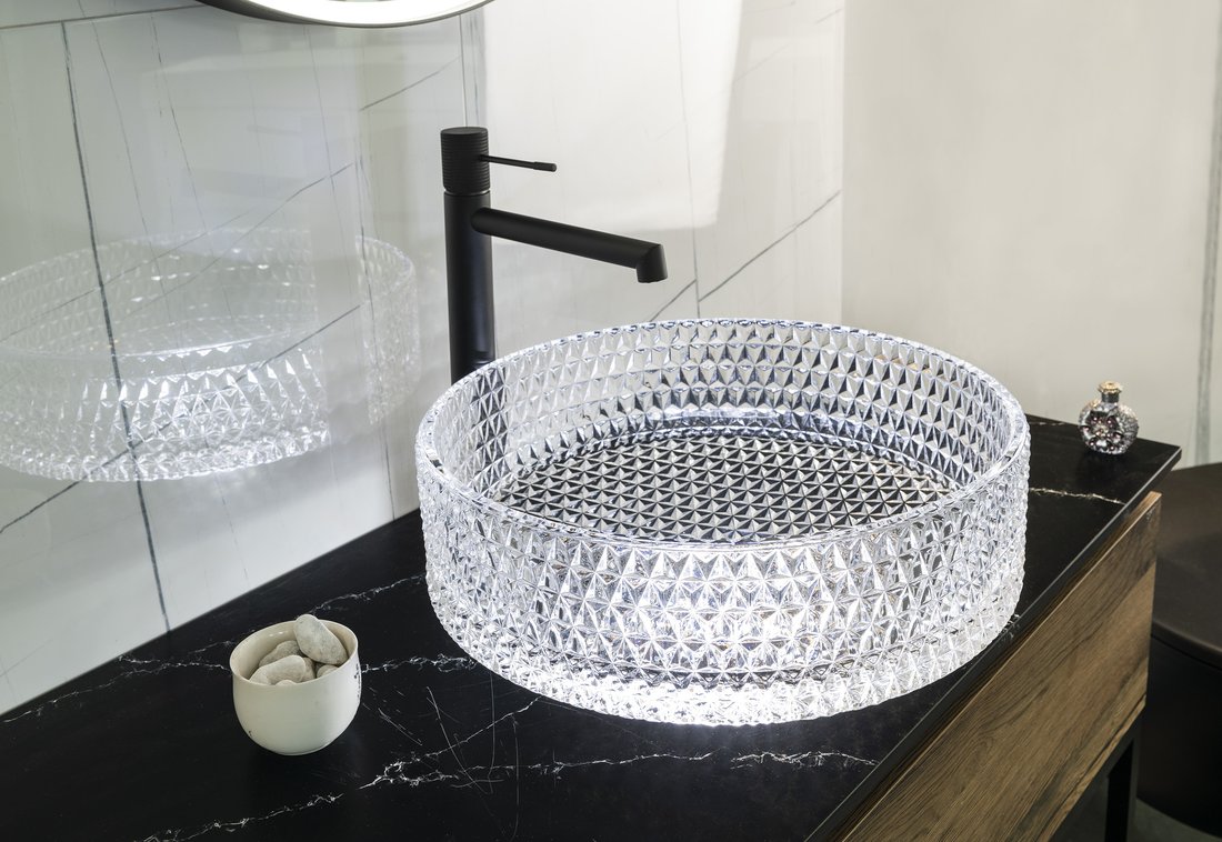 Sapho MARAGUA skleněné gravírované umyvadlo na desku Ø 39,5 cm, čirá TY214CL