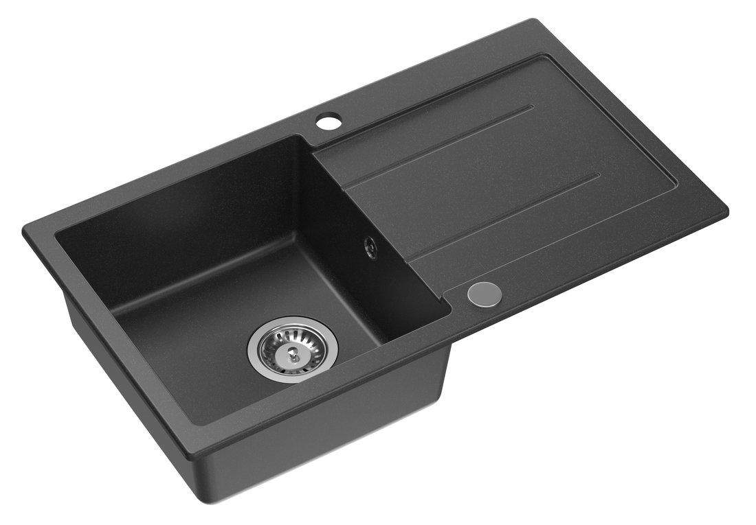 Granitový vestavný dřez s odkapem, 77x44cm, černá