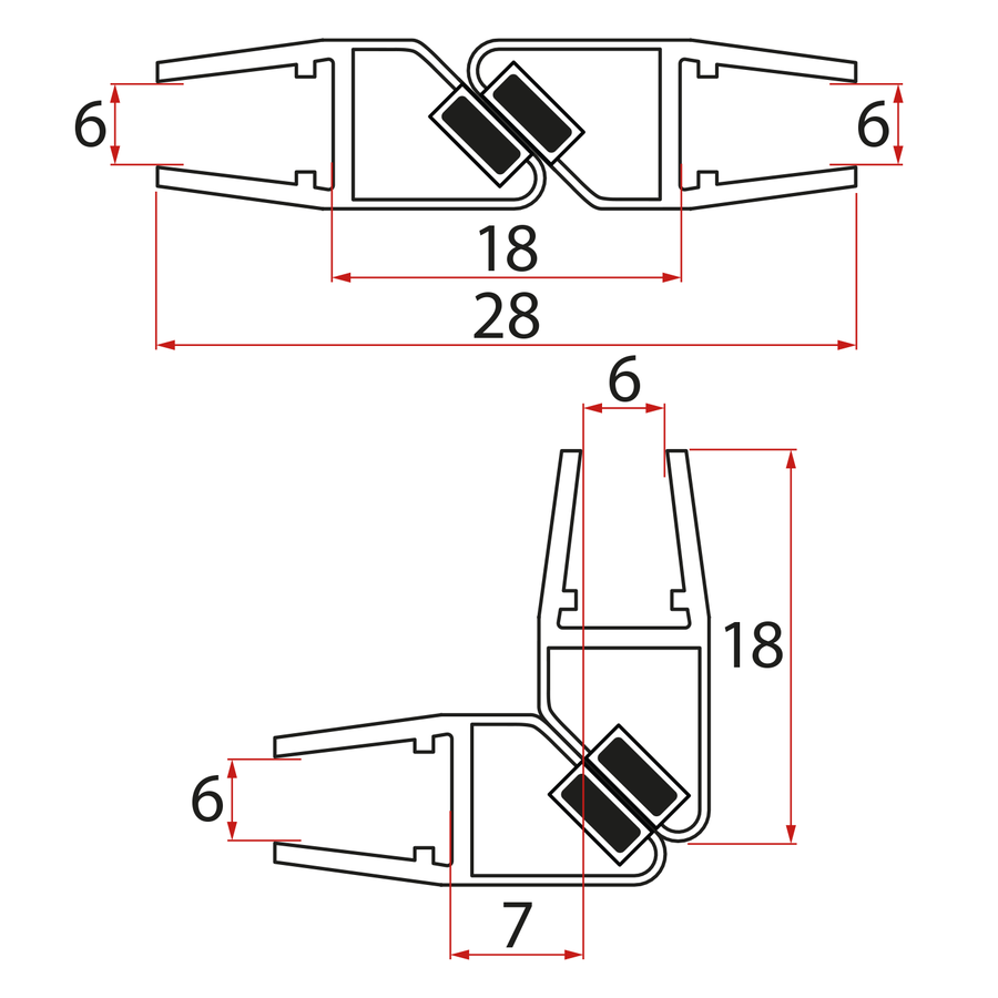 Set magnetických těsnění 45°pro sklo 6/6mm, 2000mm MAG01