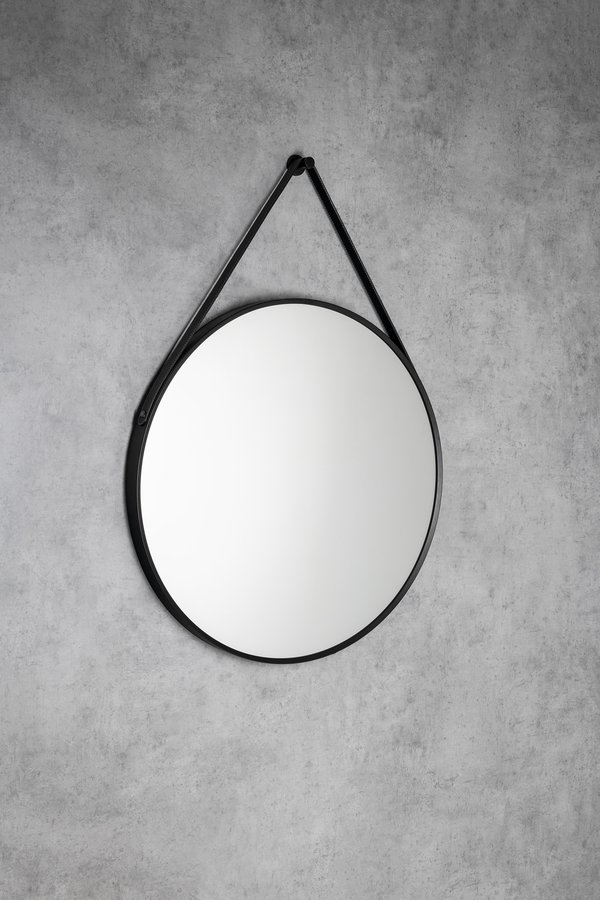 Aqualine STAGO kulaté zrcadlo ø 60cm, kožený pásek, černá mat SG065