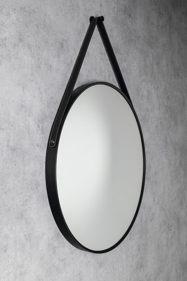 Aqualine STAGO kulaté zrcadlo ø 60cm, kožený pásek, černá mat SG065