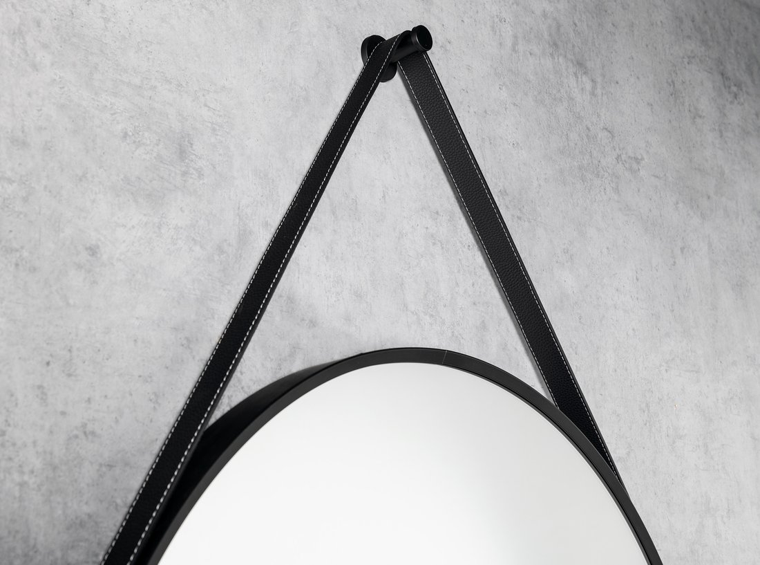 Aqualine STAGO kulaté zrcadlo ø 60cm, kožený pásek, černá mat SG065