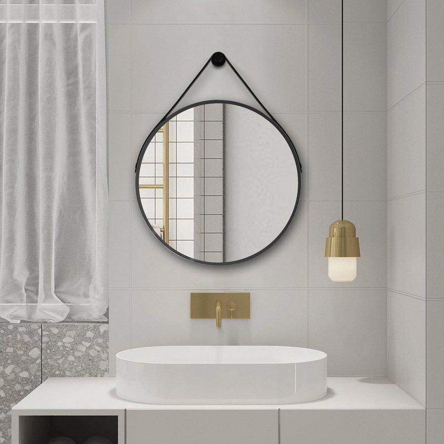 Aqualine STAGO kulaté zrcadlo ø 60cm, kožený pásek, černá mat SG065