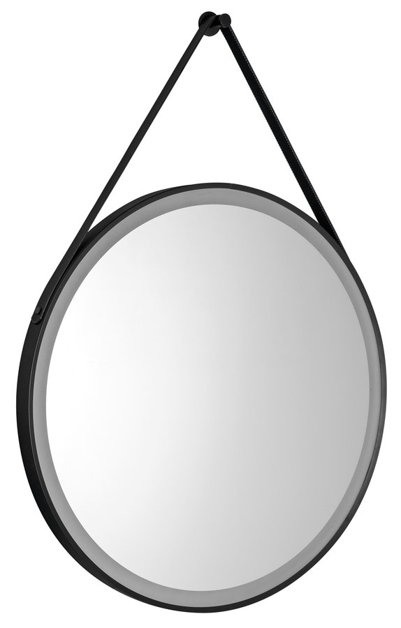 STAGO kulaté zrcadlo s LED osvětlením ø 60cm, kožený pásek, dotykový senzor, stmívatelné, černá mat SG060
