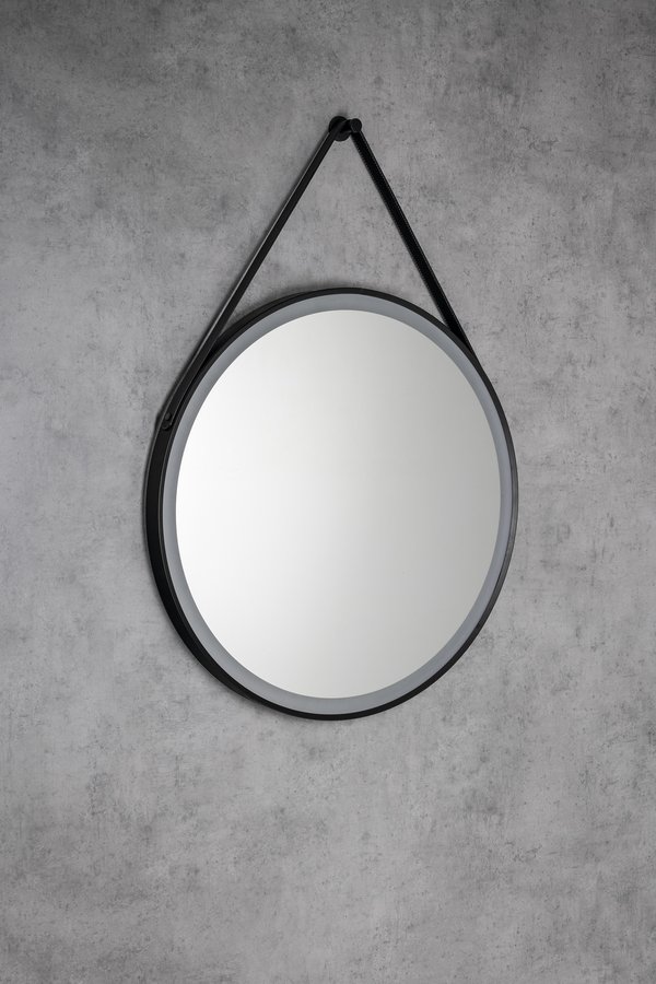 Aqualine STAGO kulaté zrcadlo s LED osvětlením ø 60cm, kožený pásek, dotykový senzor, stmívatelné, černá mat SG060