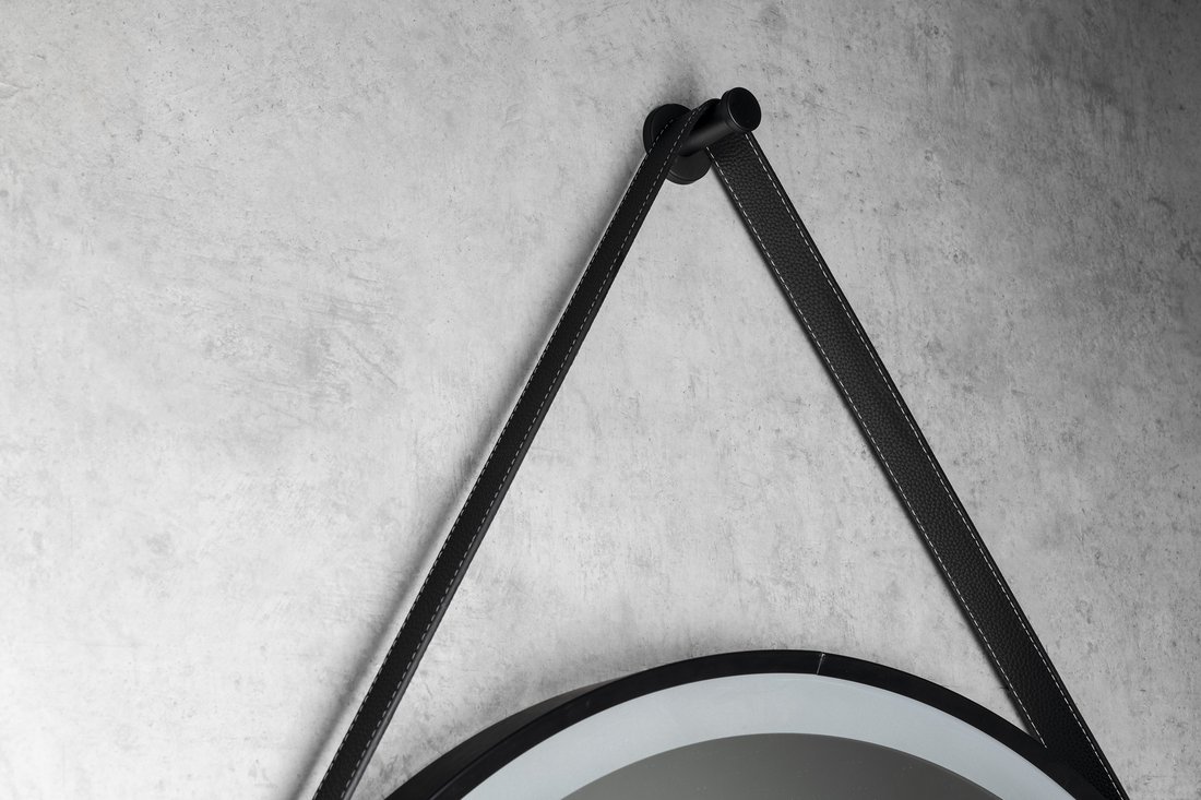 Aqualine STAGO kulaté zrcadlo s LED osvětlením ø 60cm, kožený pásek, dotykový senzor, stmívatelné, černá mat SG060
