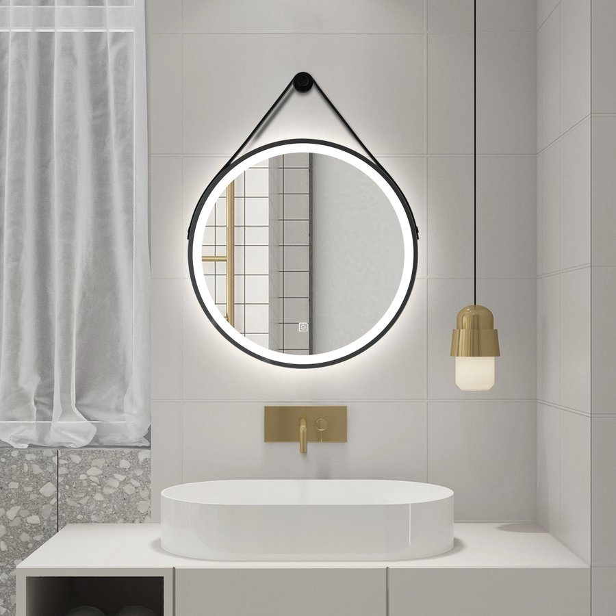 Aqualine STAGO kulaté zrcadlo s LED osvětlením ø 60cm, kožený pásek, dotykový senzor, stmívatelné, černá mat SG060