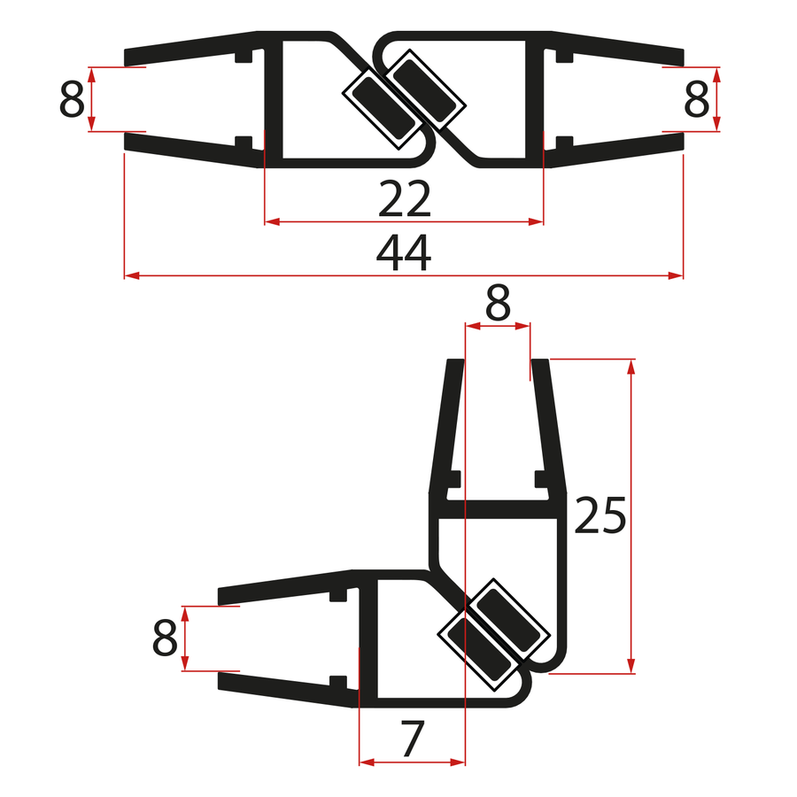 Set magnetických těsnění 45°pro sklo 8/8mm , 2000mm, černá NDGDB33