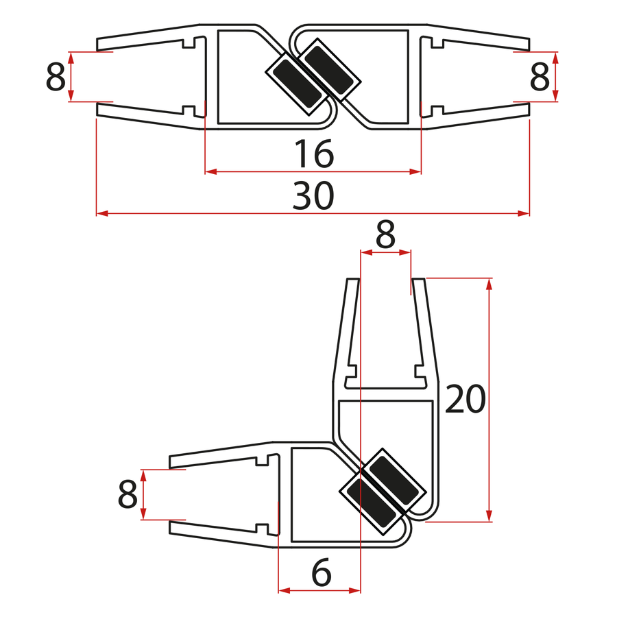 Set magnetických těsnění 45°pro sklo 8/8mm, 2000mm NDFL0743