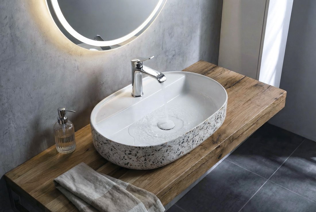 Isvea INFINITY OVAL keramické umyvadlo na desku, 60x40cm, terrazzo 10NF65060-2L-TRZ