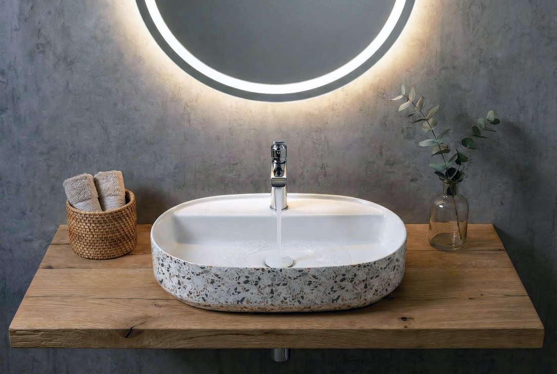 Isvea INFINITY OVAL keramické umyvadlo na desku, 60x40cm, terrazzo 10NF65060-2L-TRZ