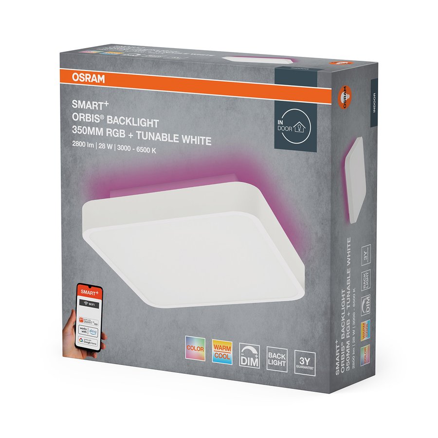 OSRAM ORBIS BACKLIGHT stropní svítidlo, 350x350mm, WIFI RGB+stmívatelné, OSRAM, 2800lm, 28W, IP20, bílá AC314090255