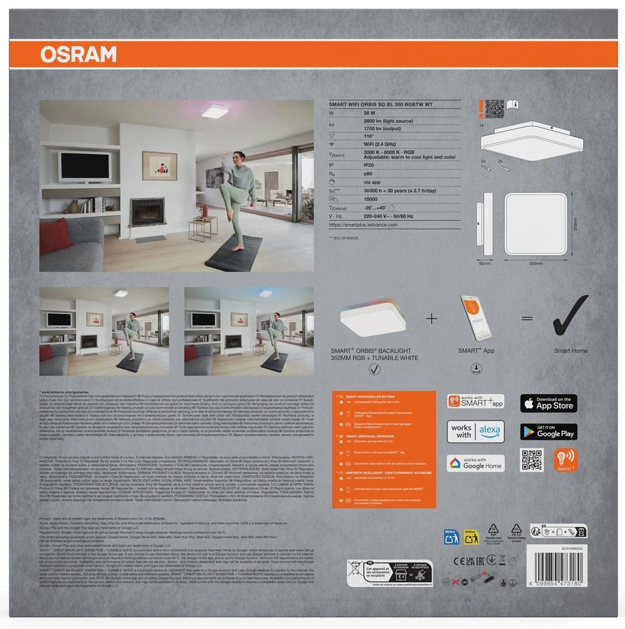 OSRAM ORBIS BACKLIGHT stropní svítidlo, 350x350mm, WIFI RGB+stmívatelné, OSRAM, 2800lm, 28W, IP20, bílá AC314090255